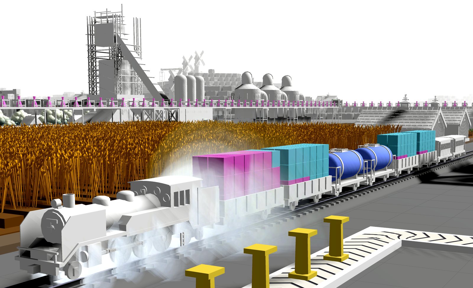 A white steam locomotive pulls wagons of magenta and cyan crates and blue tank cars past a wheat field, with a white factory district behind.