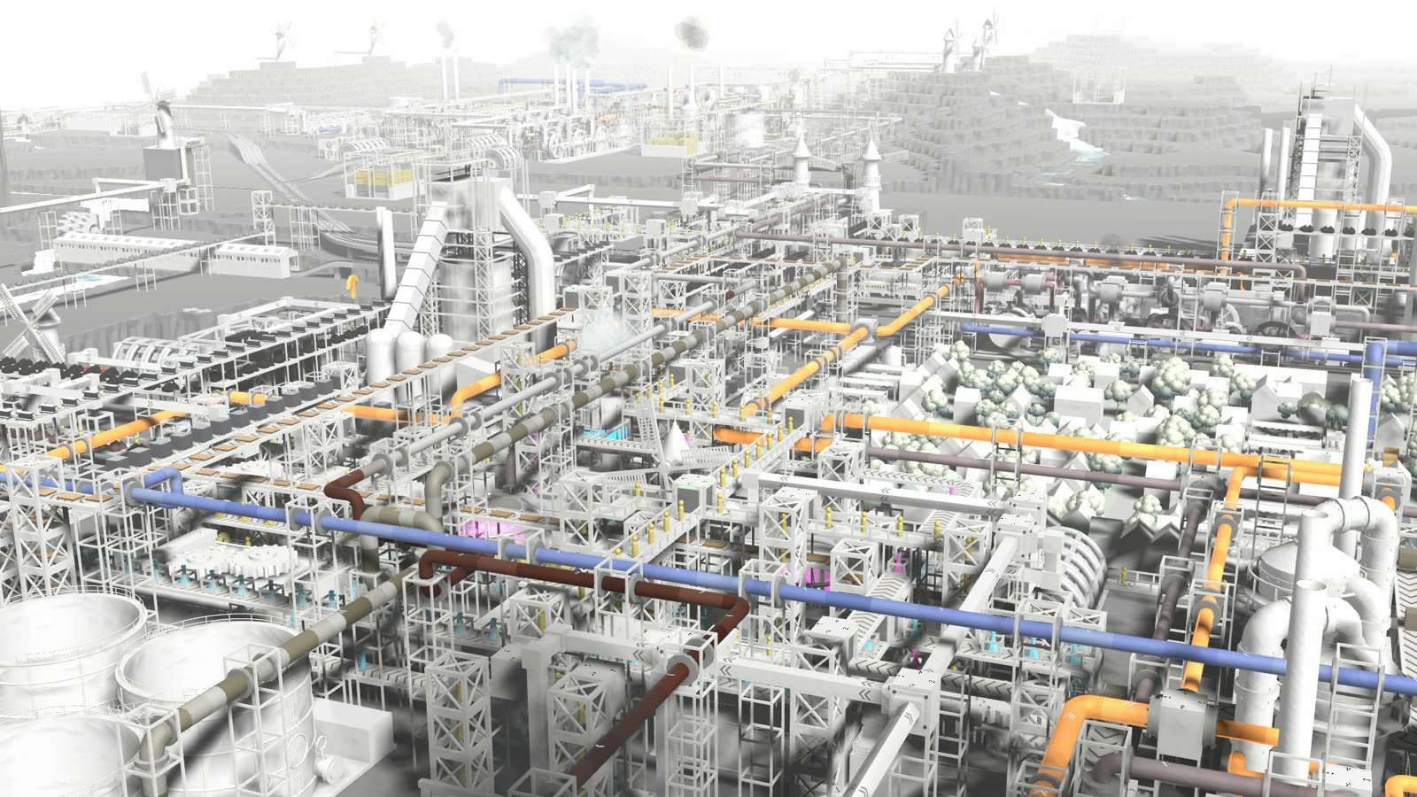 An aerial view of a dense white factory laced with blue, orange and brown pipes.