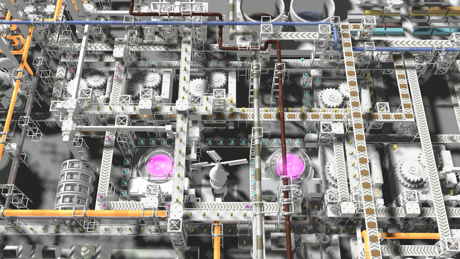Conveyor belts and machines around two glowing magenta reactors.
