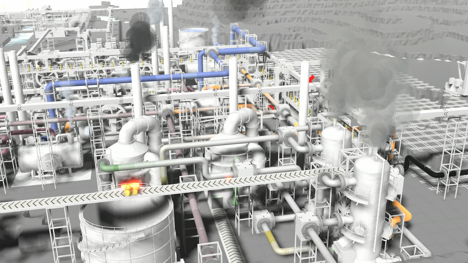 A refinery with towers, pipes and smoking stacks.