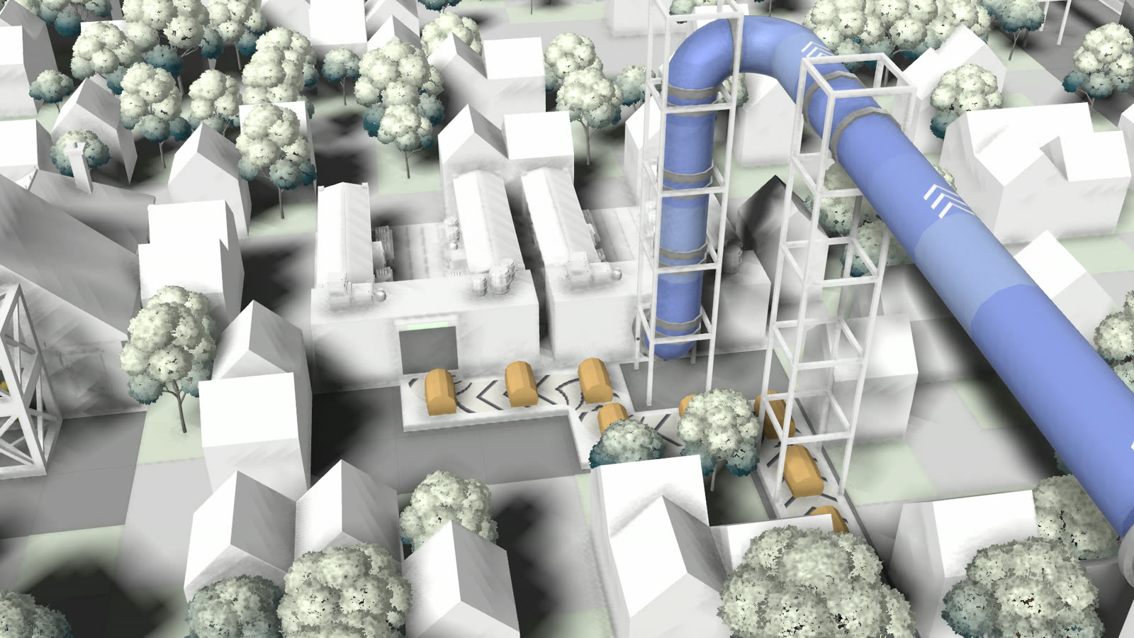 A large blue pipe crossing a small town of white houses and trees.